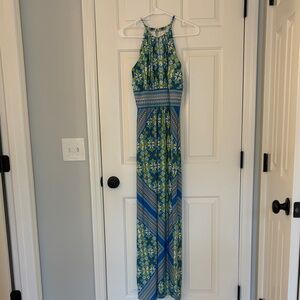 London Times Blue & Green Floral Halter Maxi Dress